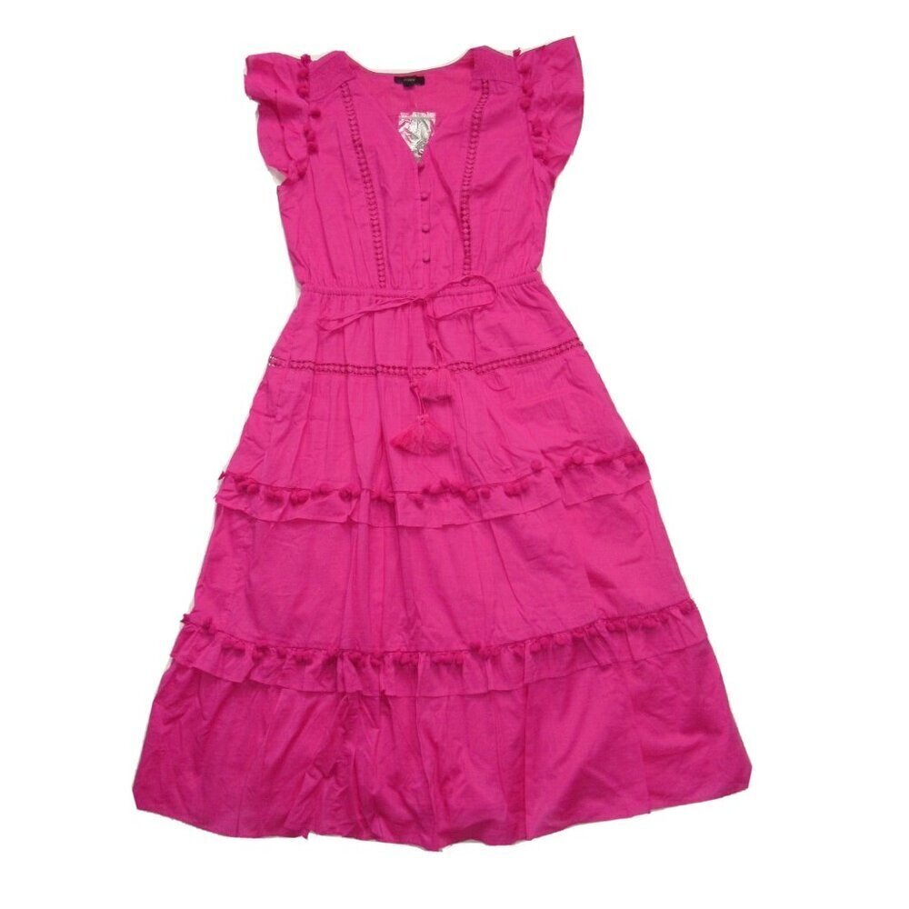 NWT J.Crew Pom-pom Midi in Neon Flamingo Pink Cotton Voile Tiered Dress 16T - Picture 3 of 12